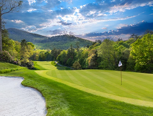 a golf course with a flag on the ground
