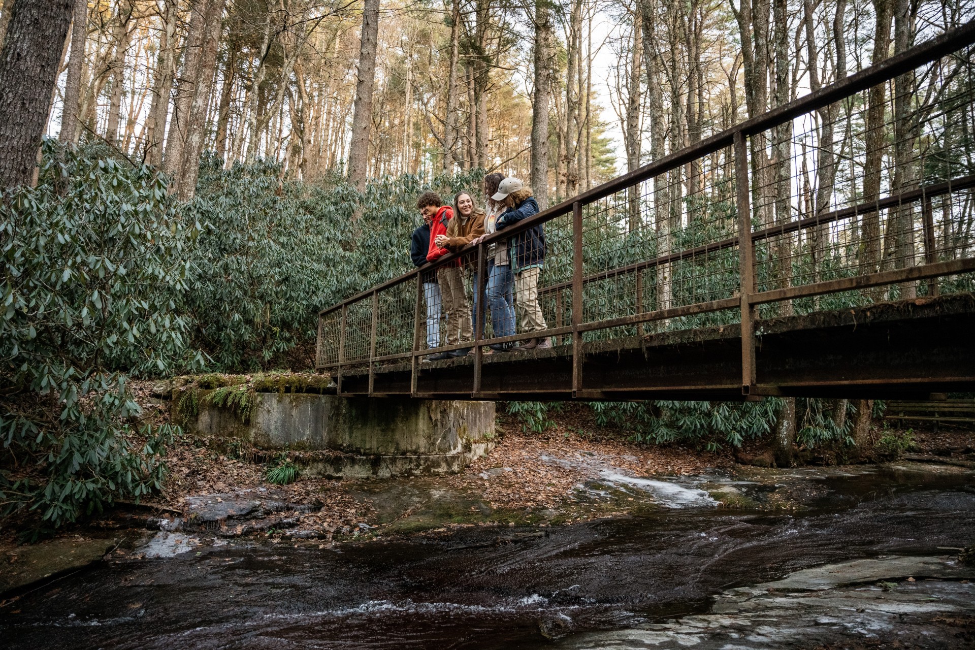 a group of people standing on a bridge over a river