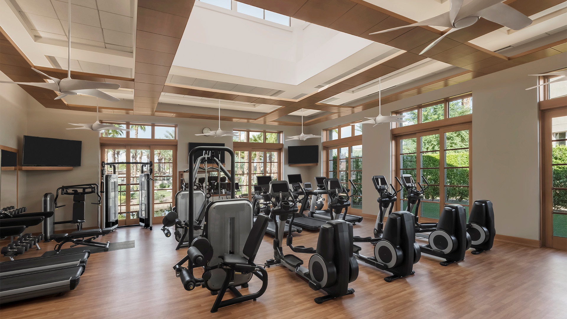 a large room with exercise equipment