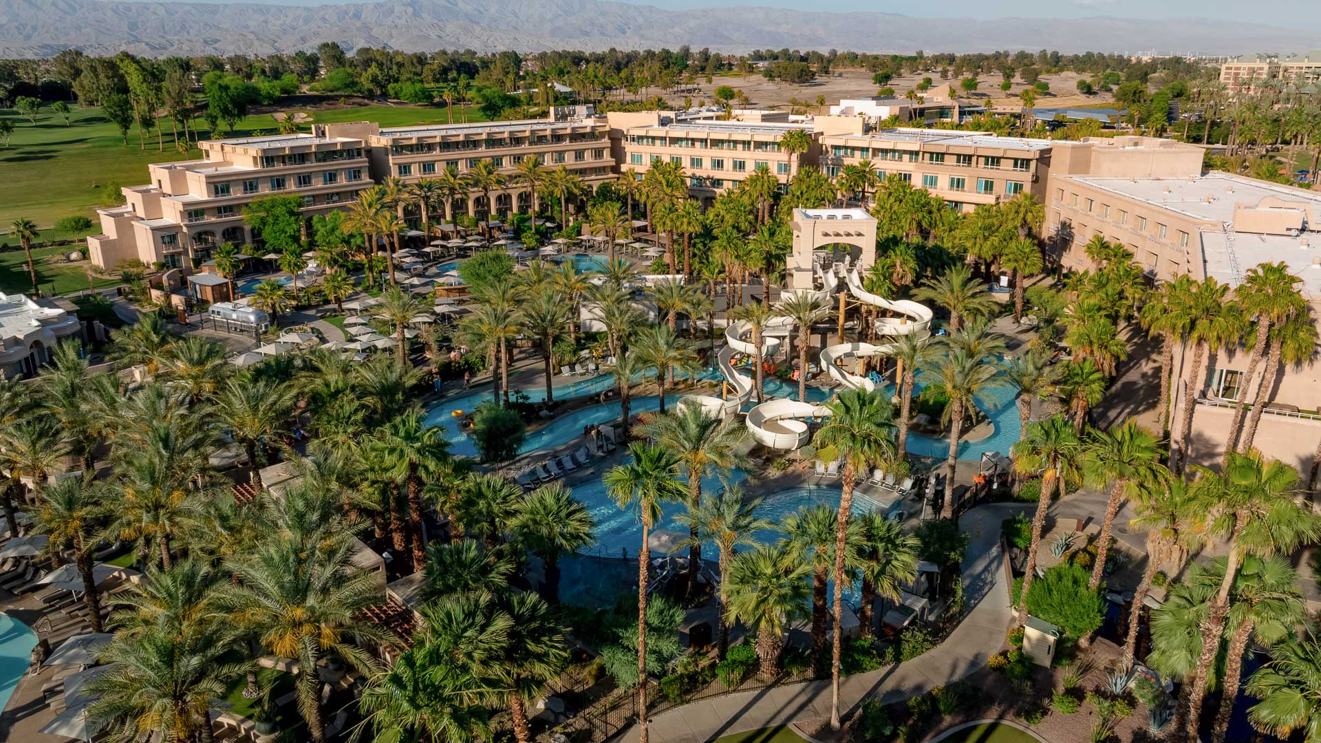 a water park with palm trees and buildings