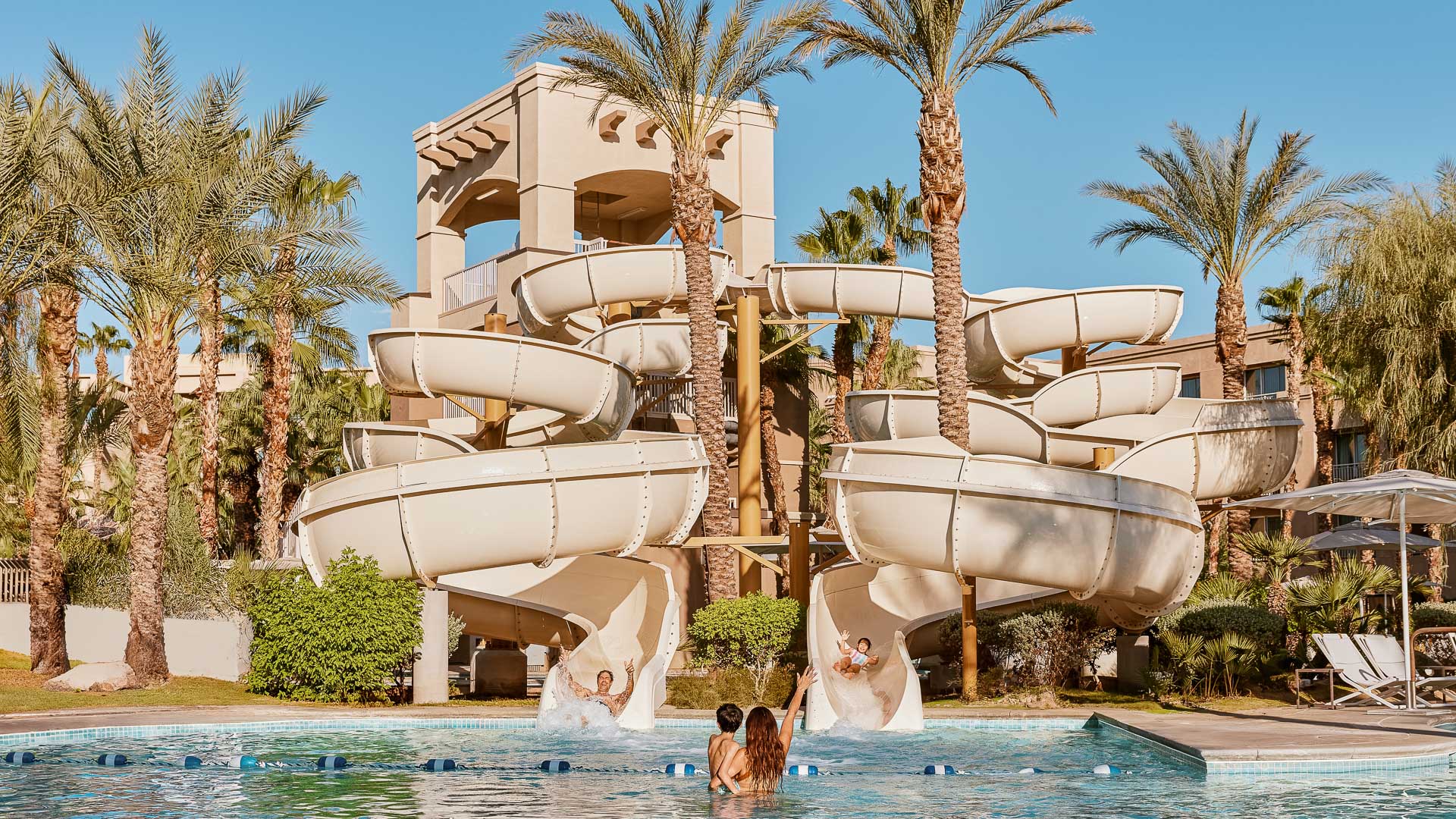 people in a pool with water slides