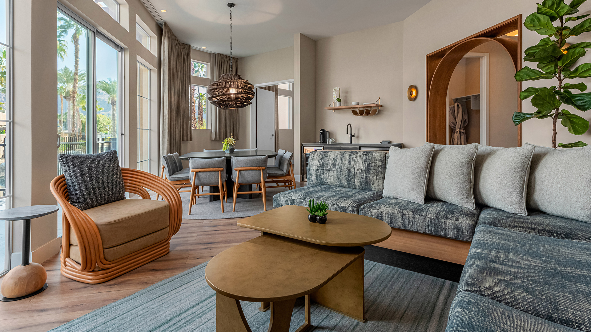 a living room with a couch and a table