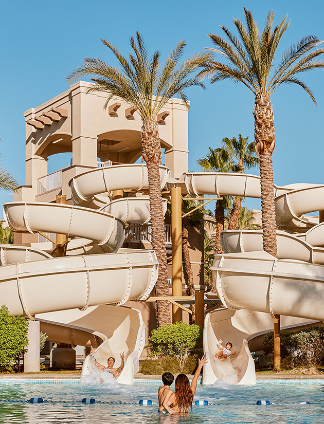 a water slide with palm trees and a building