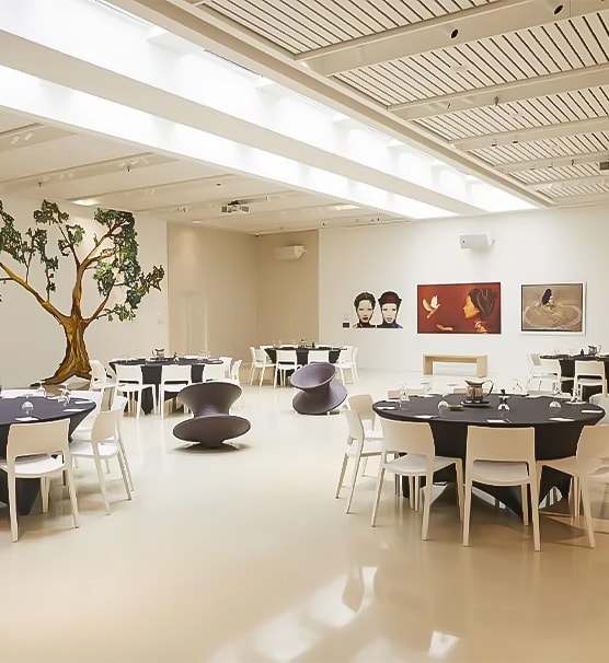 a room with tables and chairs