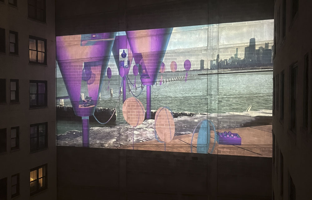 a screen with a picture of a city and water