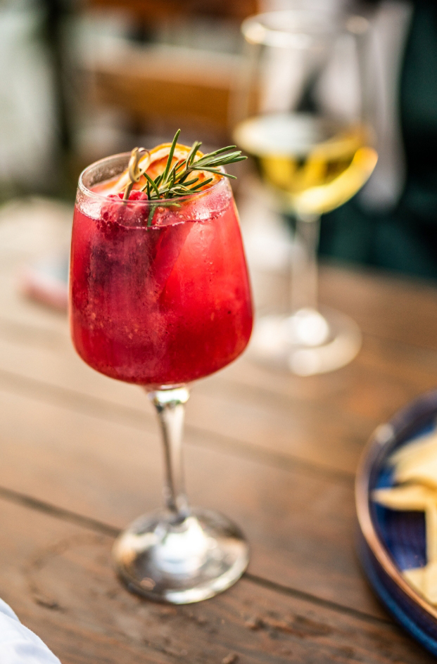 a glass of red drink with a rosemary branch