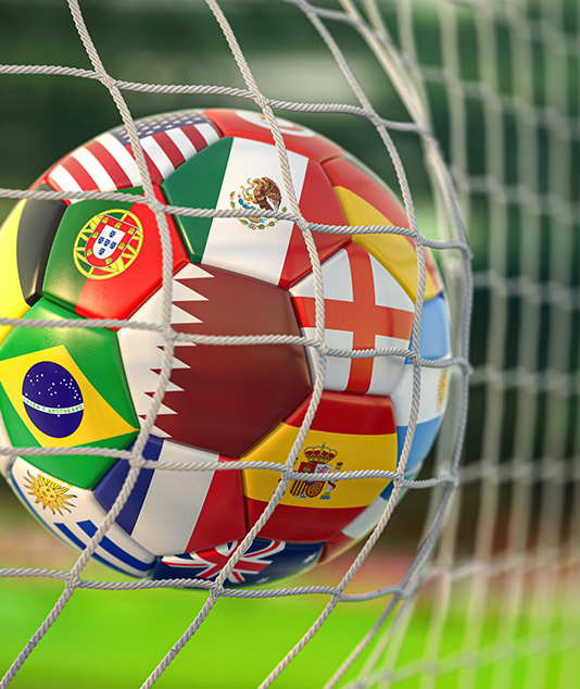 a football ball with different flags in the net