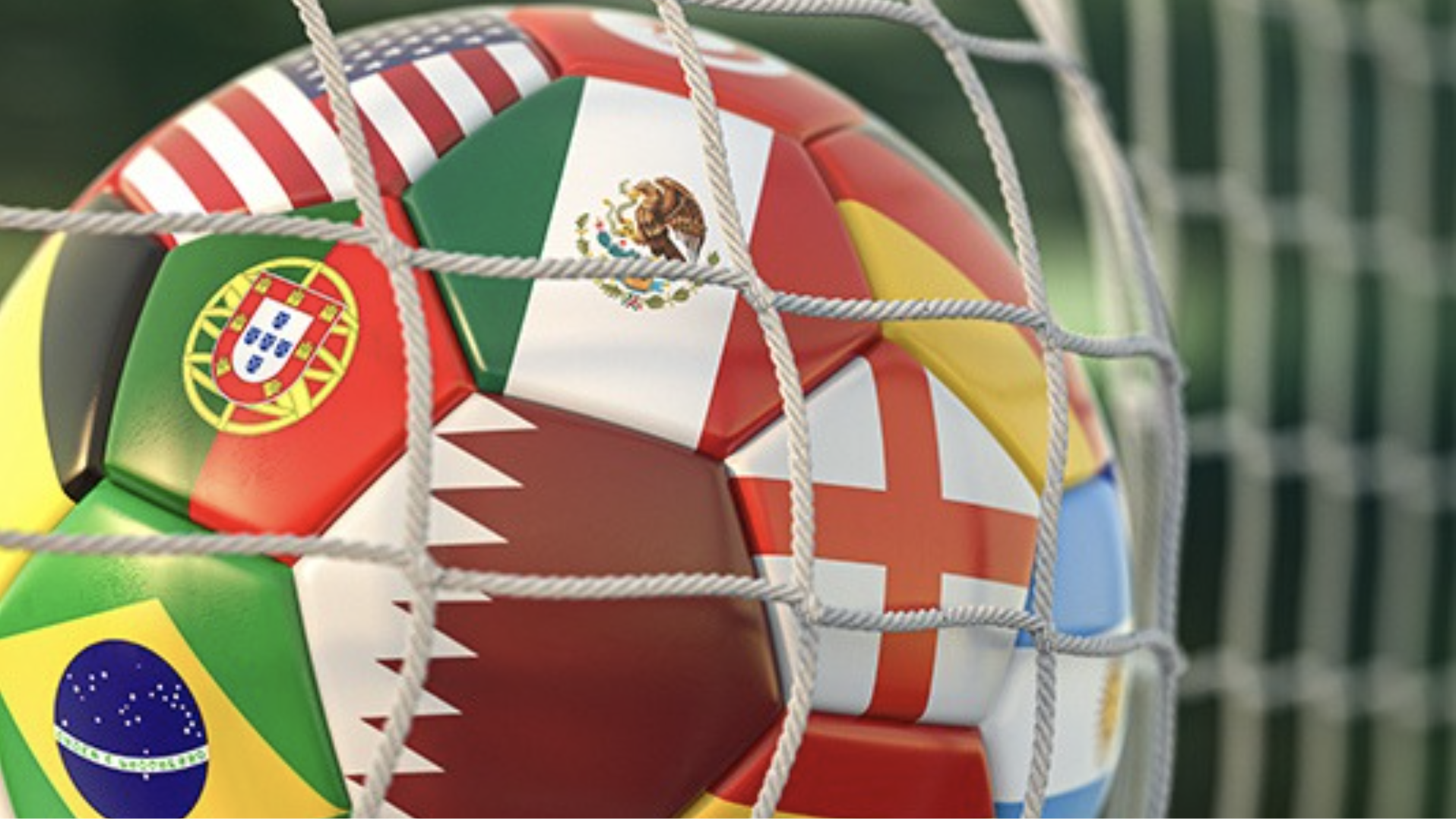 a football ball with different flags in a net