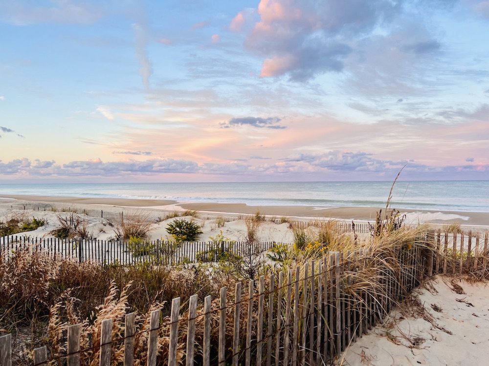 A serene beach scene with a wooden fence, ocean, and cloudy sky.