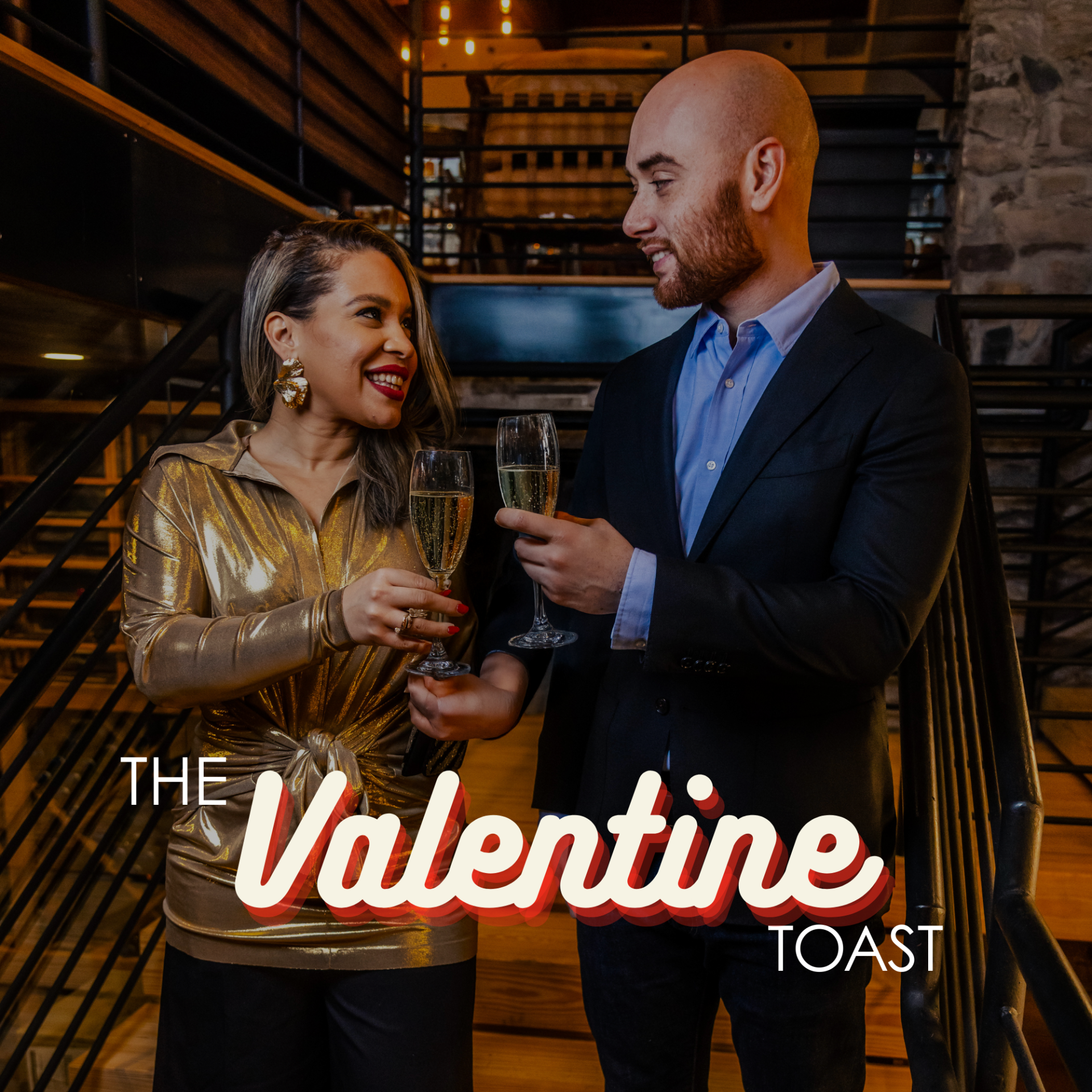 a man and woman holding champagne glasses