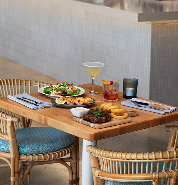 a table with food and drinks on it