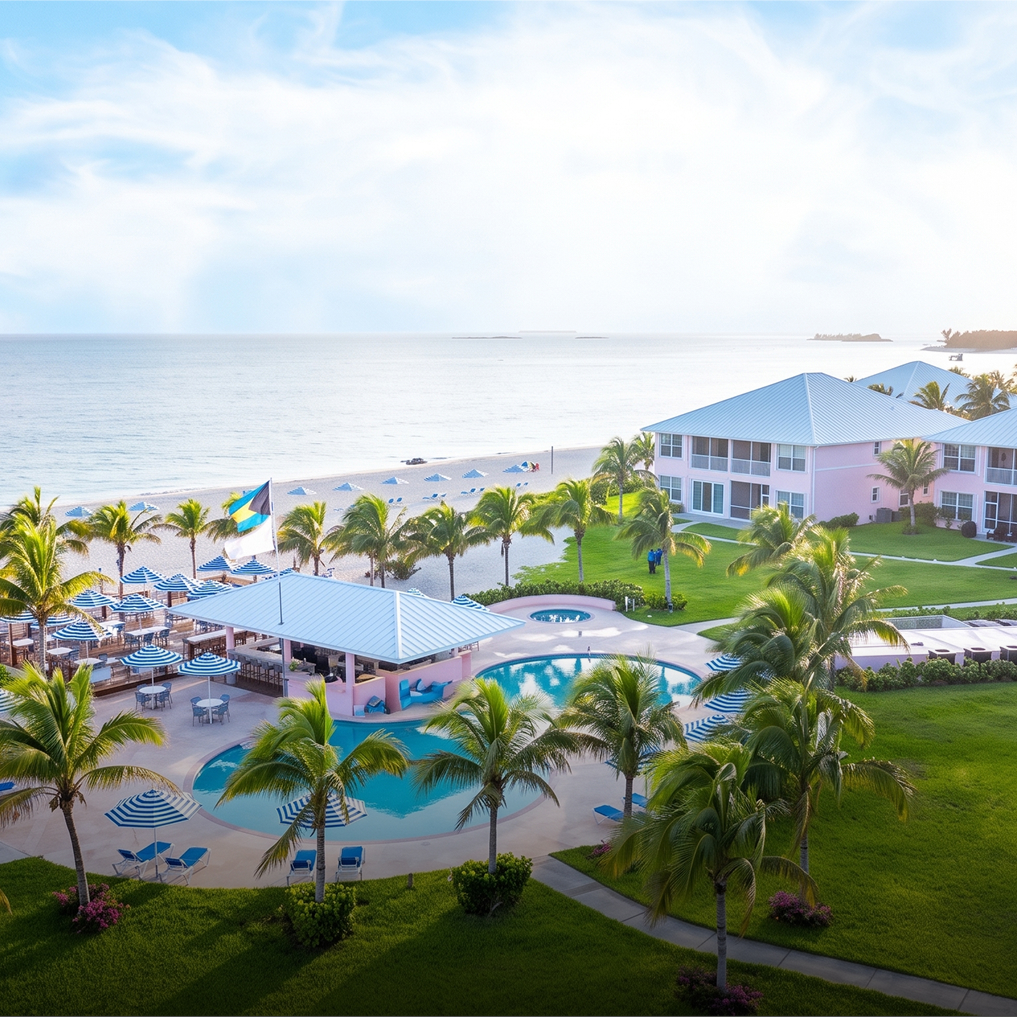 a pool and palm trees by a beach