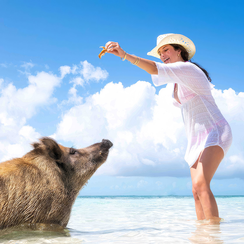 a woman in a white dress feeding a bear in the water