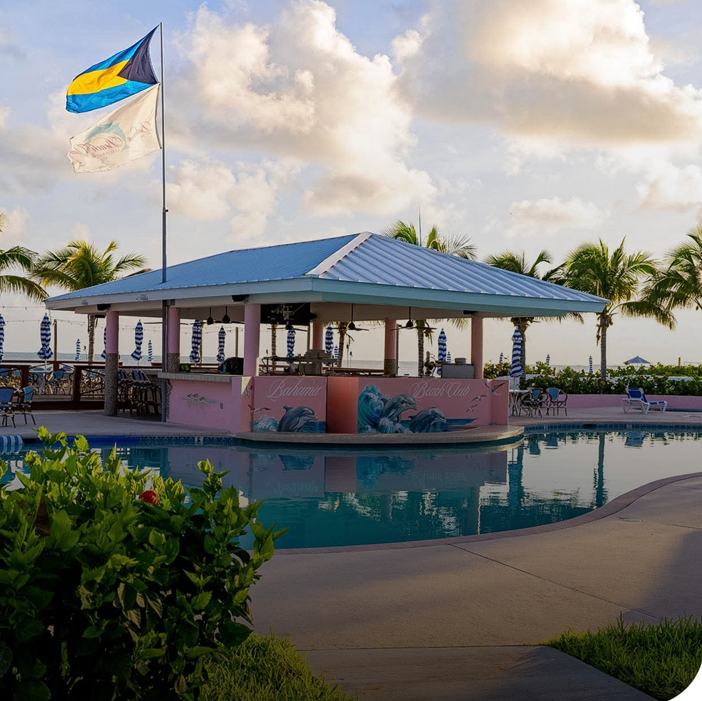 a pool with a bar and a flag