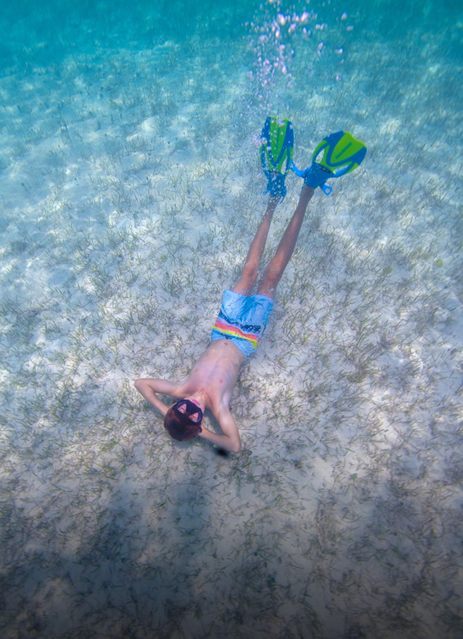 a boy in swimsuit and flippers swimming underwater