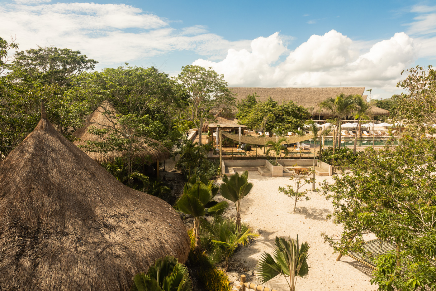 a beach with trees and a thatched roof