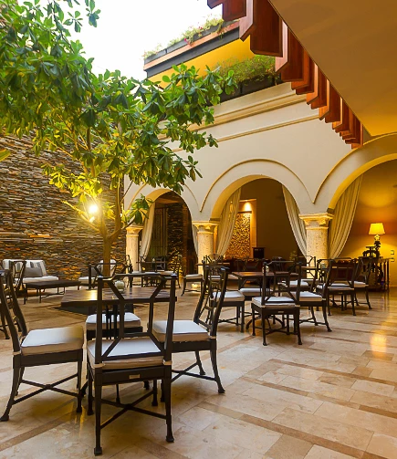 a room with tables and chairs