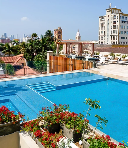 a pool with flowers and chairs on top of a building