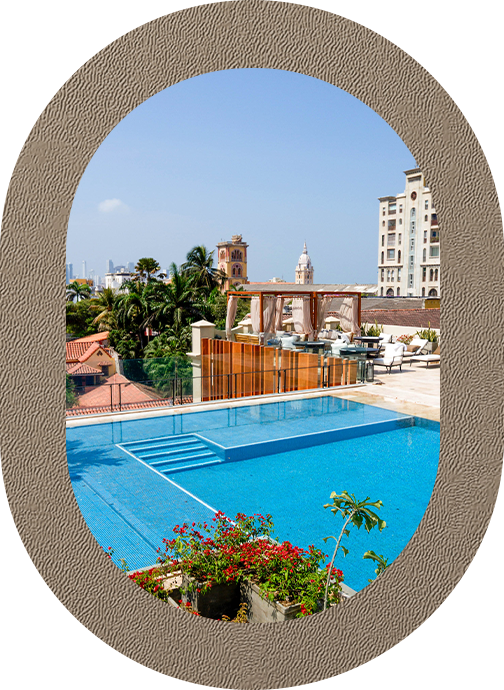a pool with a view of a city