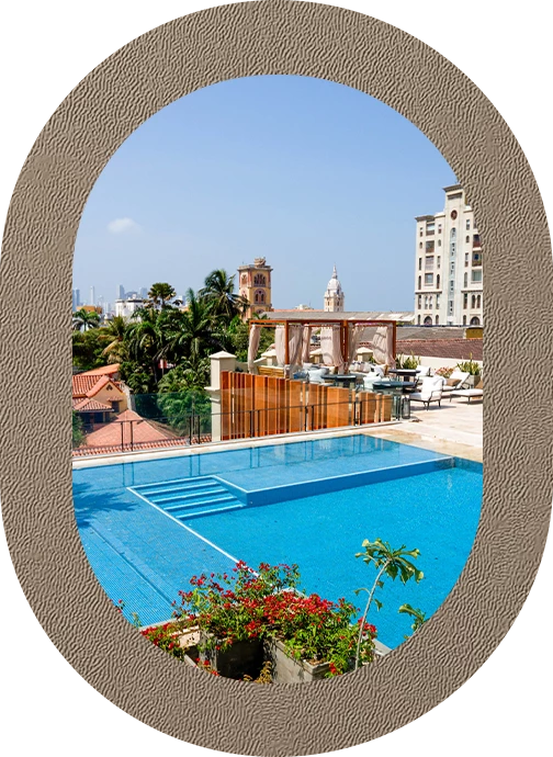 a pool with a view of a city