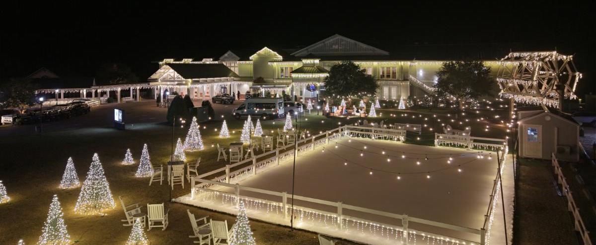 a large building with christmas lights