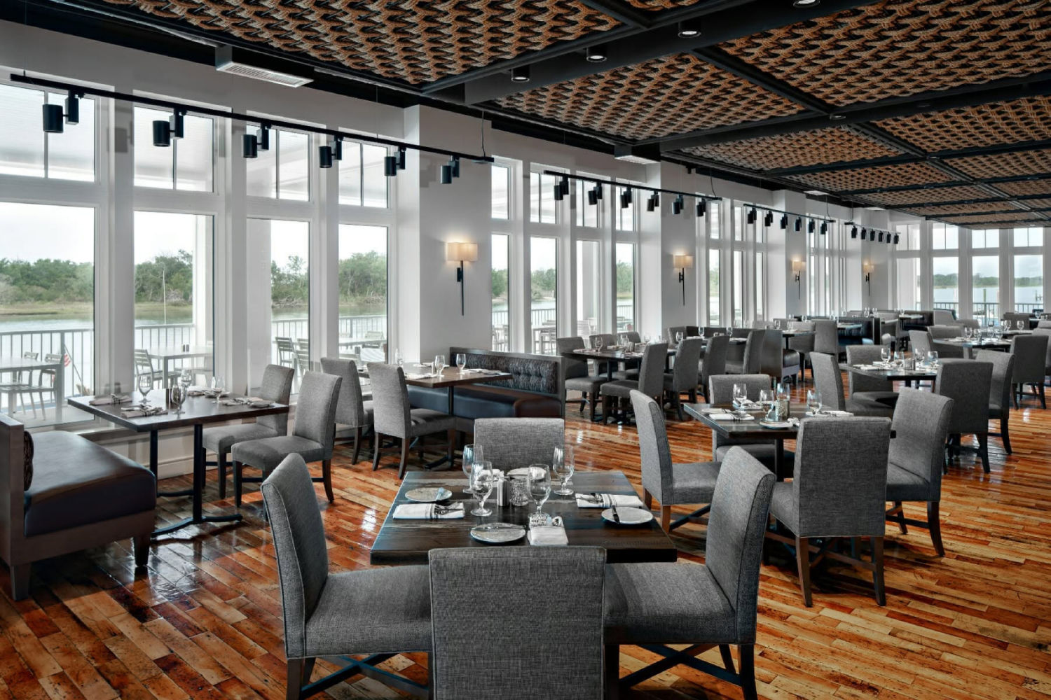 a room with tables and chairs