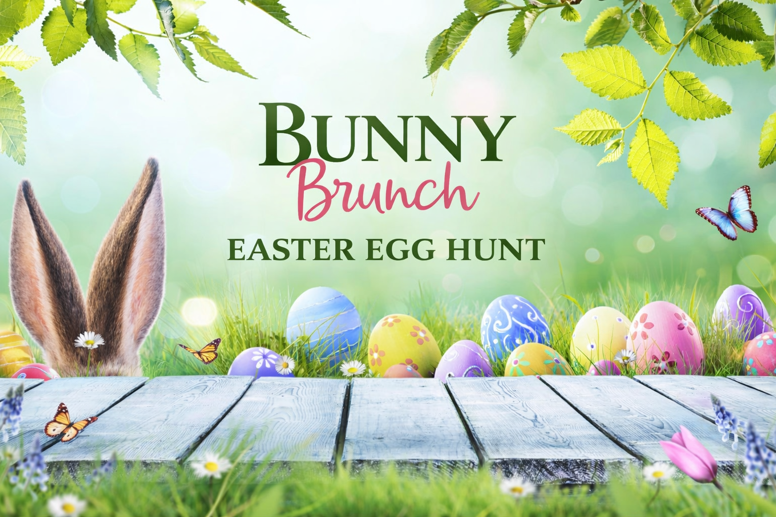 a wooden plank with a bunny ears and colorful eggs in grass