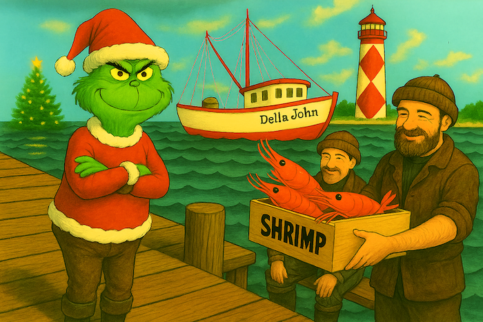 a cartoon of a green character next to a box of shrimp