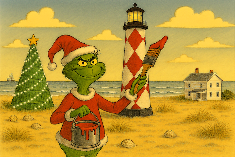 a cartoon of a green character holding a paint brush and a lighthouse