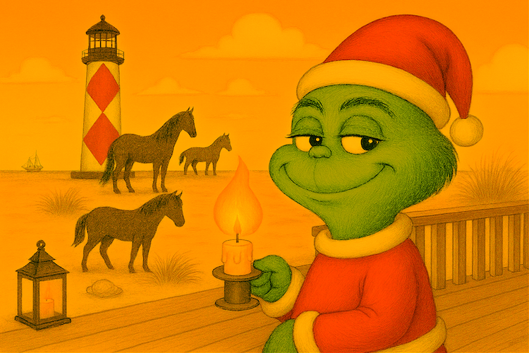a green cartoon character wearing a santa hat and holding a candle