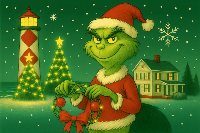 a cartoon of a grinch holding a wreath