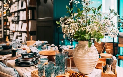 A table set with plates, glasses, and a vase of flowers in a dining area.