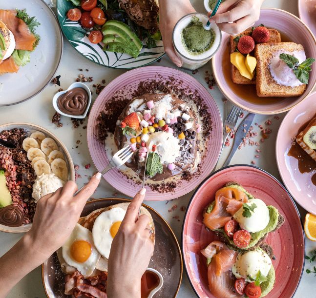 a table with plates of food