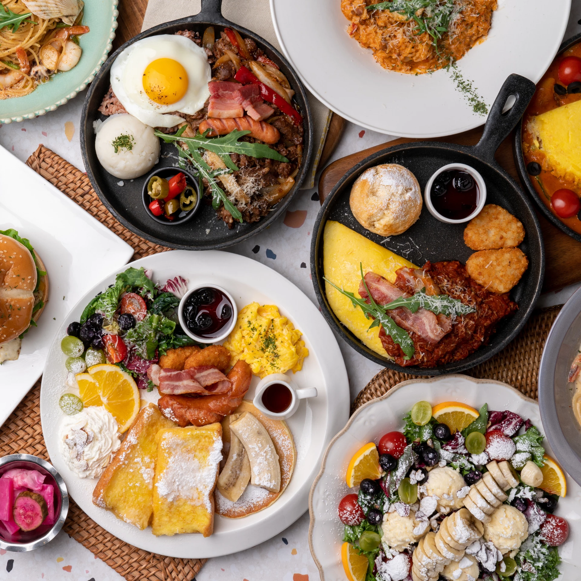 a group of plates of food