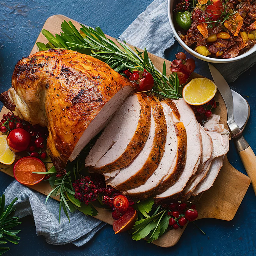 a sliced turkey on a cutting board