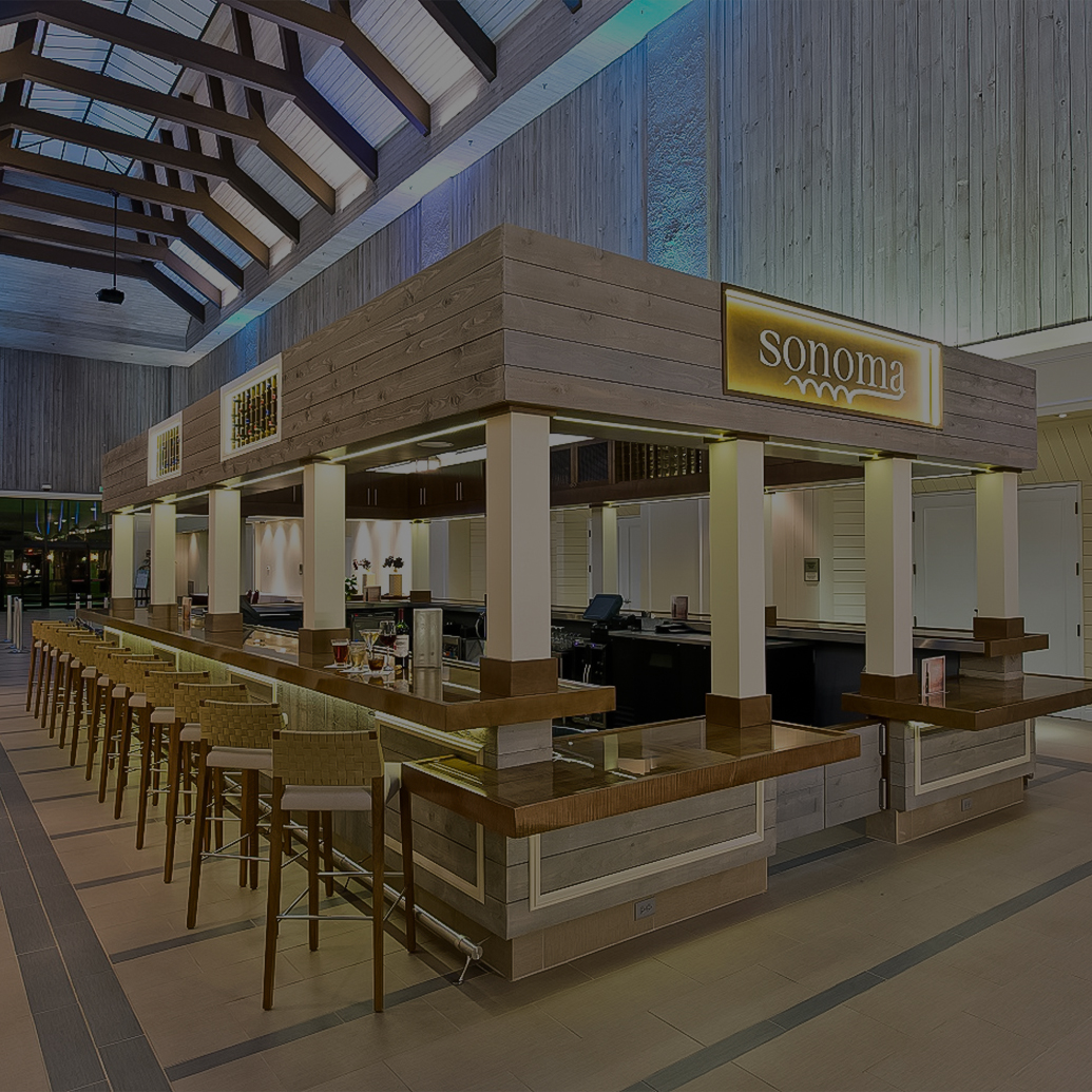 a bar with chairs and a sign