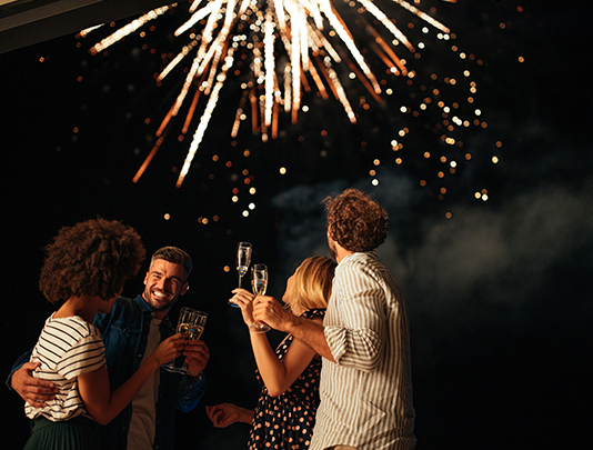 a group of people holding champagne glasses and looking at fireworks