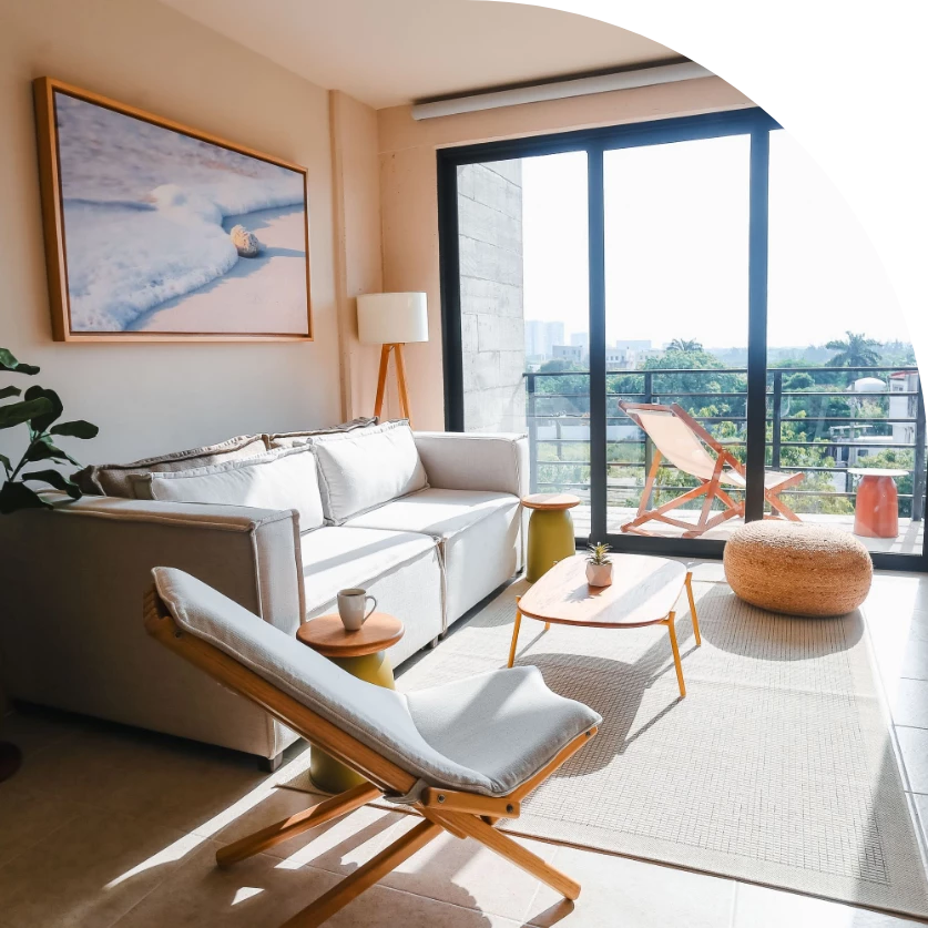 a living room with a couch and a table