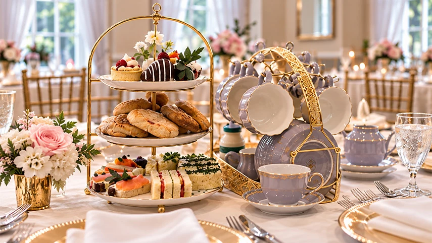 A table set for afternoon tea with a tiered server of pastries and sandwiches