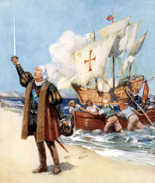 a man holding a sword on a beach with people rowing boats