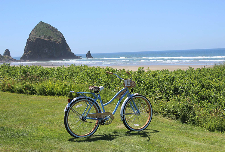 a bicycle parked on a grassy area next to a body of water