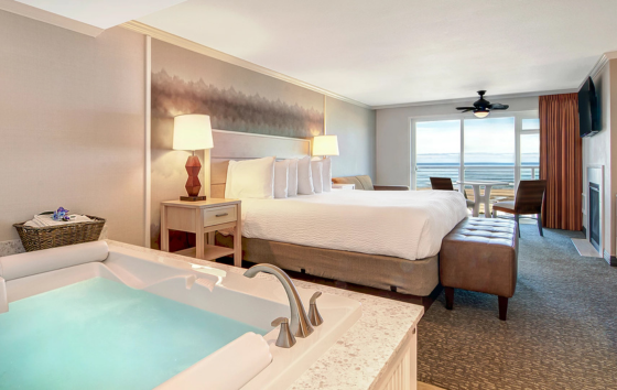 a hotel room with a bathtub and a window