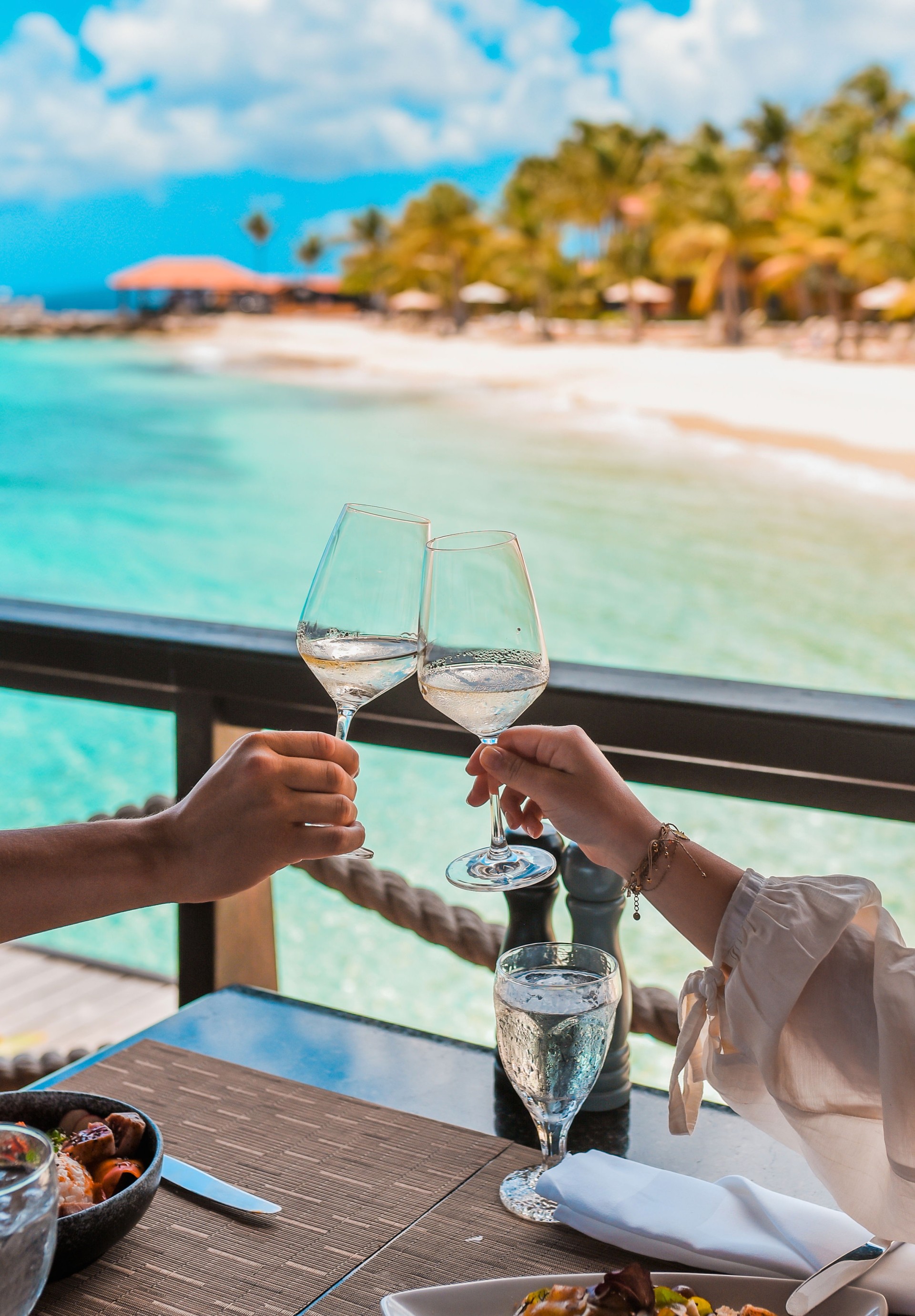 a couple holding wine glasses on a table with a beach in the background