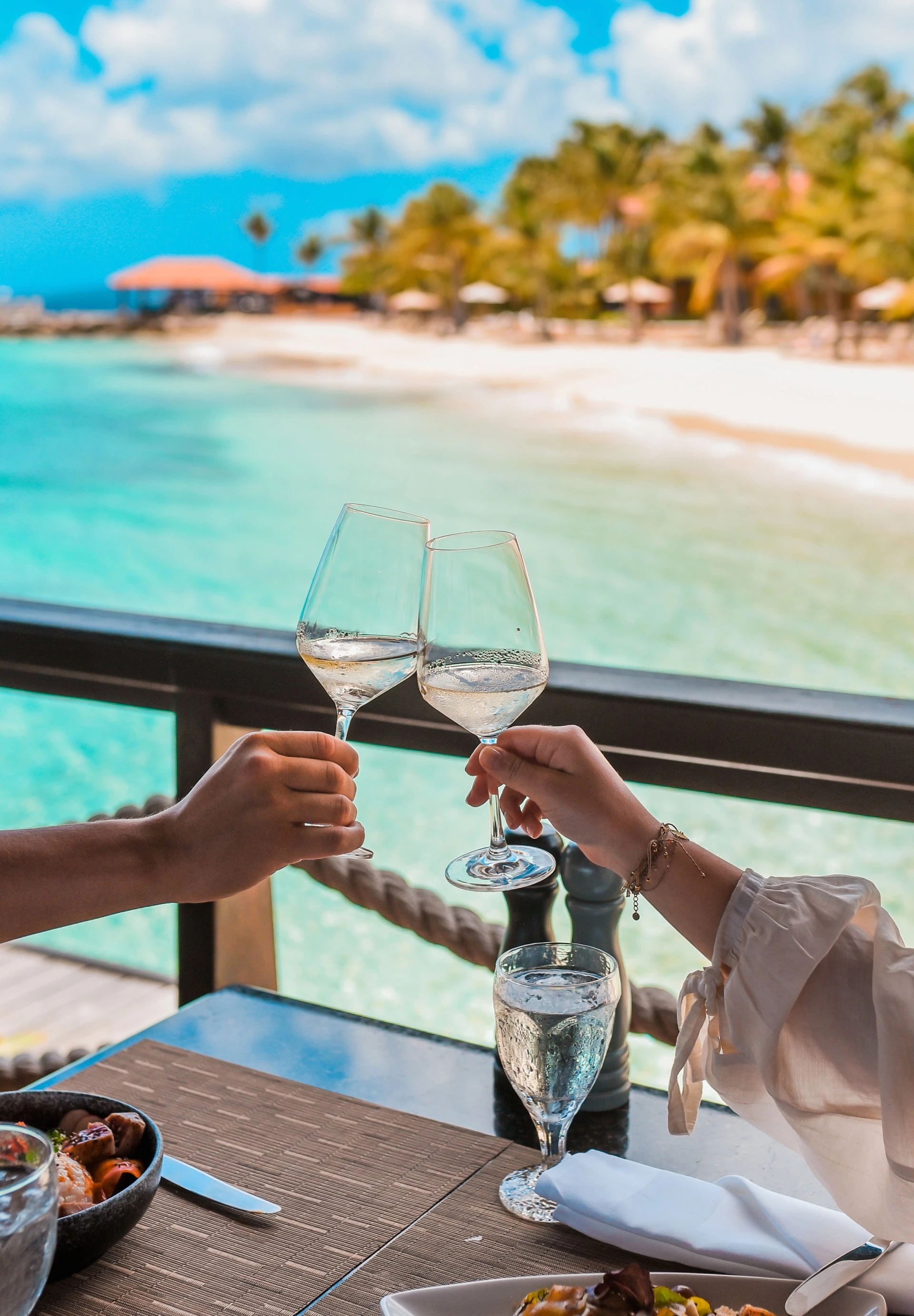 a couple holding wine glasses on a table with a beach in the background