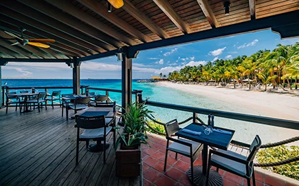 a restaurant with a view of the beach and palm trees