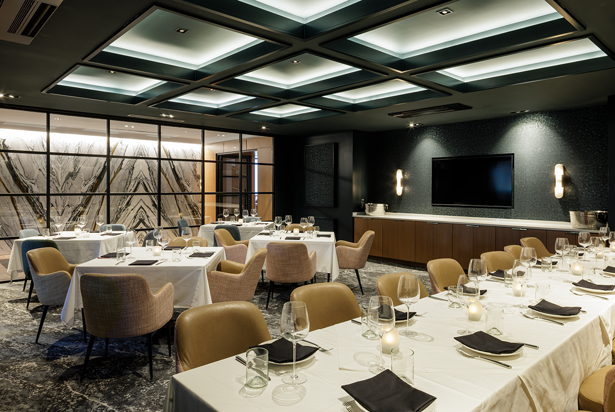 a room with tables and chairs