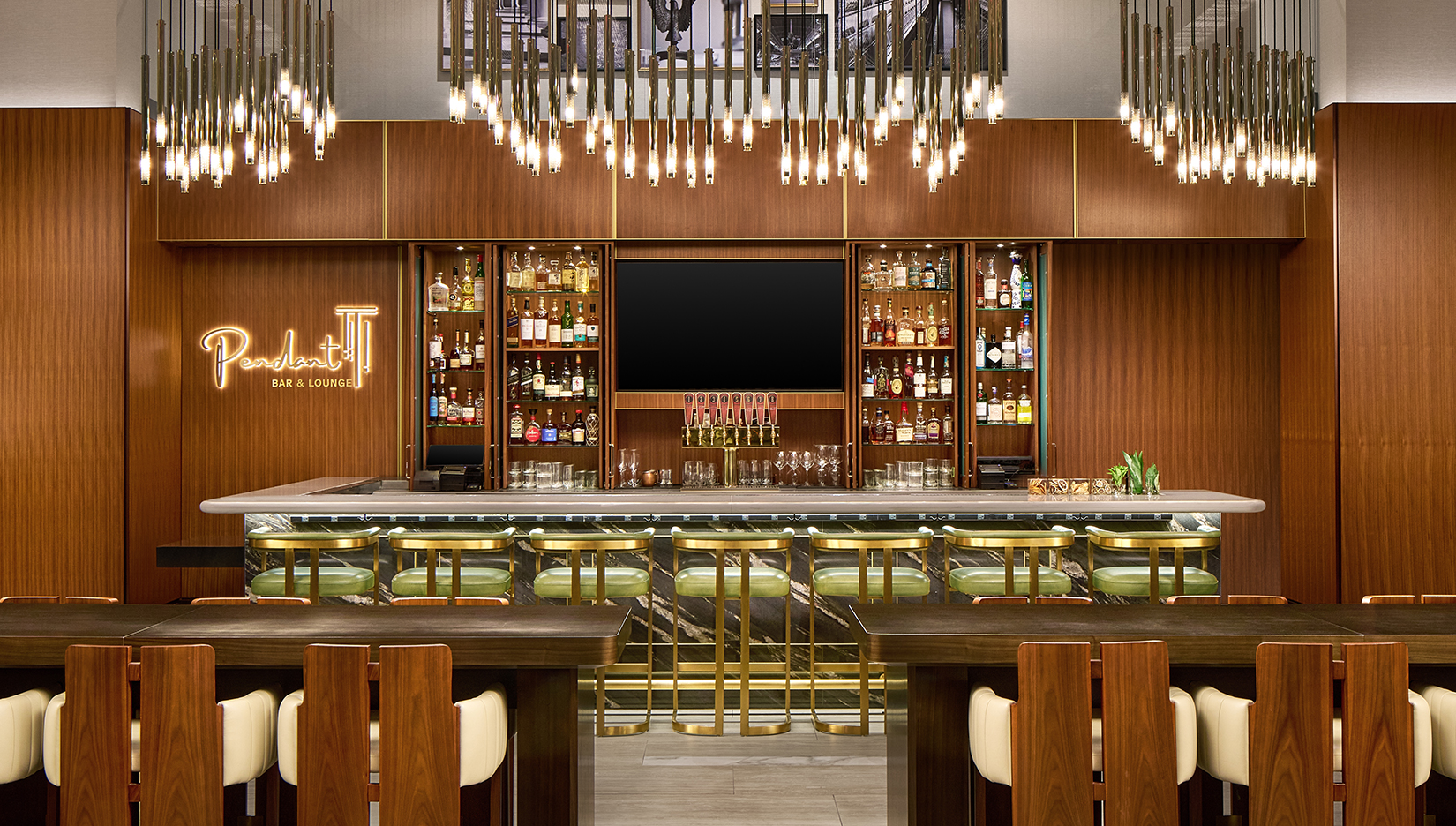 a bar with a television and shelves