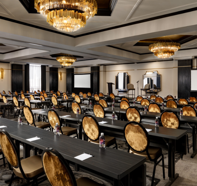 a room with tables and chairs