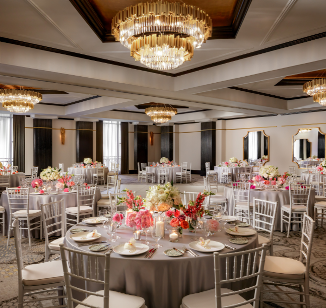 a large room with tables and chairs