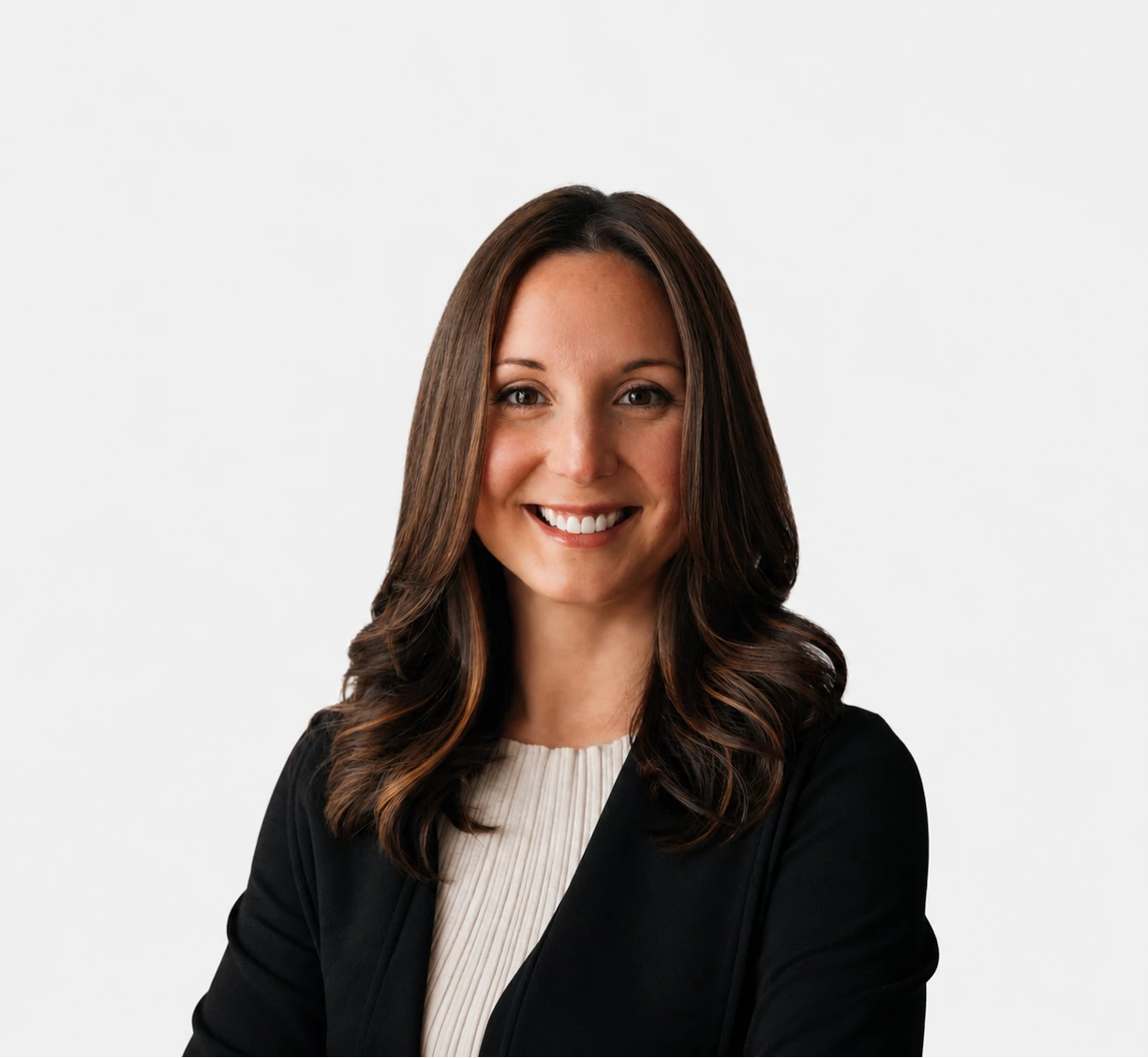 a woman with long brown hair smiling